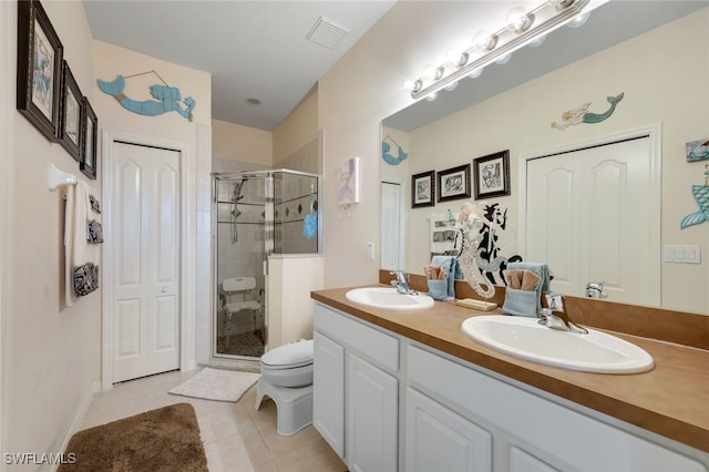 bathroom with toilet, walk in shower, vanity, and tile patterned flooring