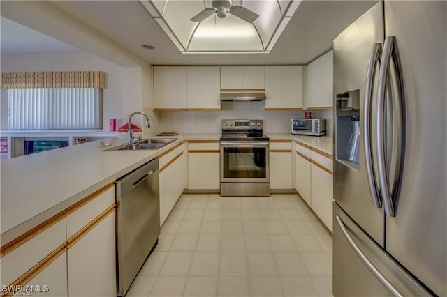 kitchen featuring sink, appliances with stainless steel finishes, white cabinetry, decorative backsplash, and kitchen peninsula