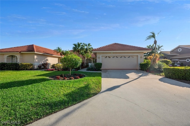 view of front facade featuring a garage, stucco siding, a tile roof, a front lawn, and driveway