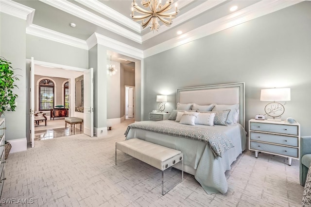 carpeted bedroom featuring crown molding, a towering ceiling, and a notable chandelier