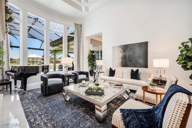 interior space with crown molding and a high ceiling