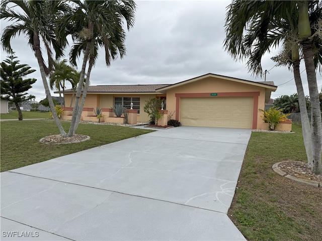 single story home with a garage and a front yard