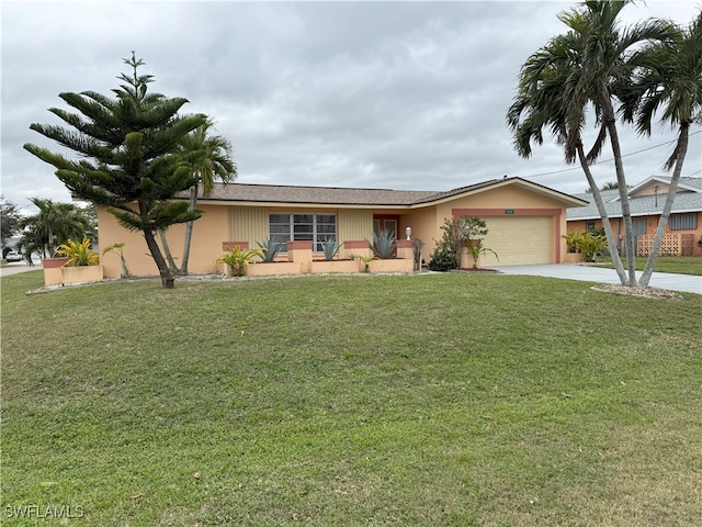 ranch-style home with a garage and a front yard