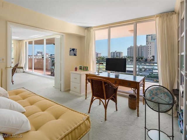 carpeted home office featuring expansive windows