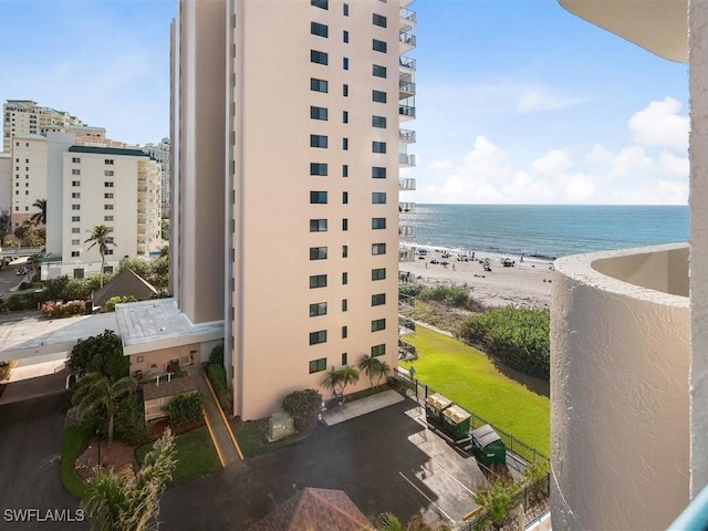 view of water feature with a beach view