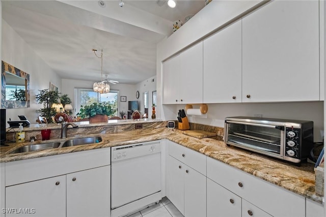 kitchen featuring white cabinetry, dishwasher, sink, and kitchen peninsula