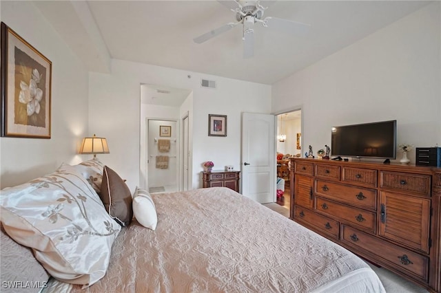 bedroom with connected bathroom and ceiling fan