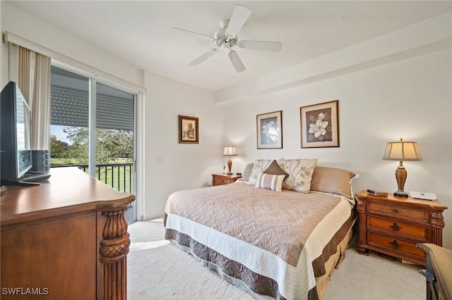 bedroom with light carpet, access to outside, and ceiling fan