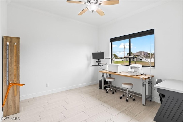 office featuring crown molding and ceiling fan