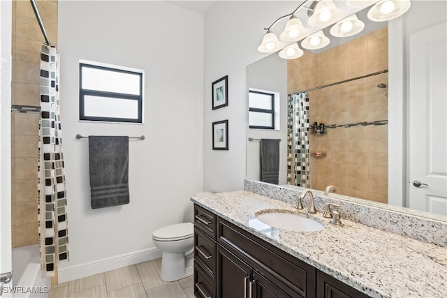 full bathroom with vanity, shower / tub combo, tile patterned flooring, and toilet