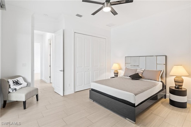 bedroom featuring a closet and ceiling fan