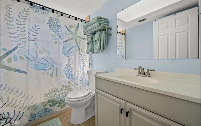 full bathroom featuring toilet, vanity, shower / bath combo, and tile patterned flooring