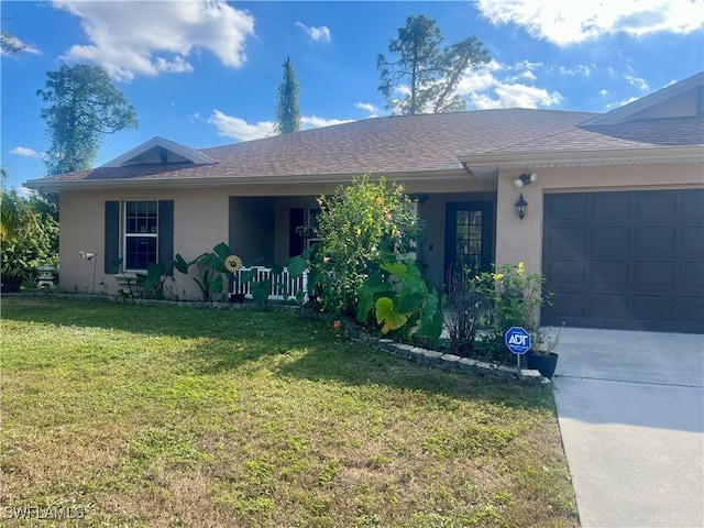 ranch-style home with a garage and a front lawn