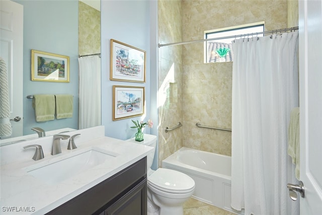 full bathroom featuring vanity, tile patterned floors, toilet, and shower / bathtub combination with curtain