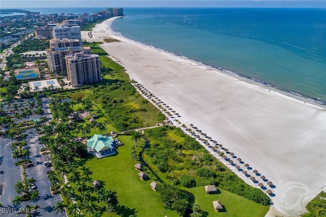 aerial view with a view of the beach and a water view