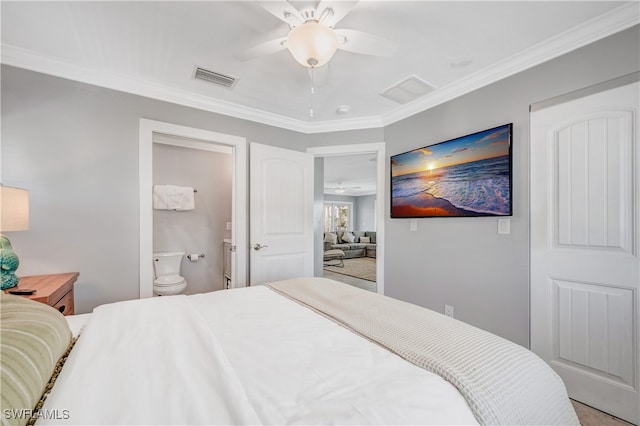 bedroom featuring crown molding, ensuite bathroom, and ceiling fan