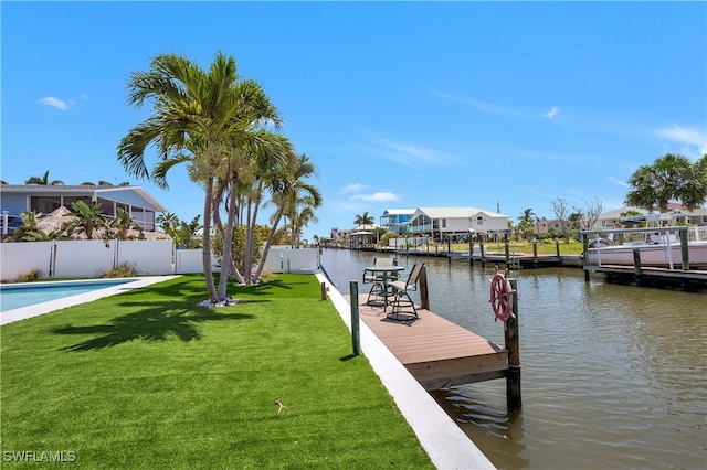 view of dock featuring a fenced in pool, a water view, and a yard