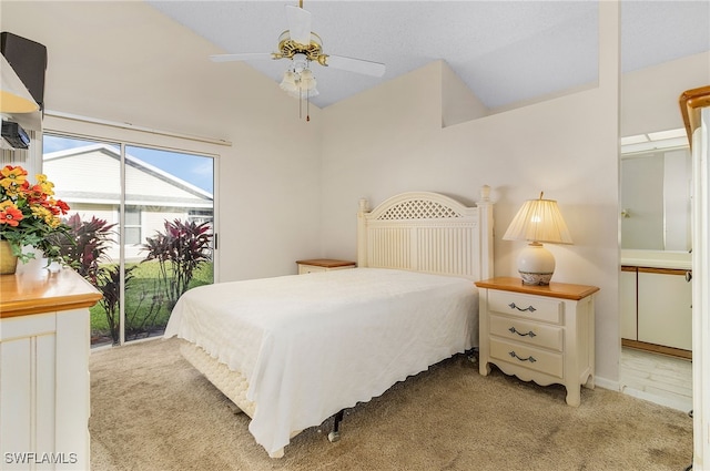 bedroom with light carpet, access to exterior, and ceiling fan