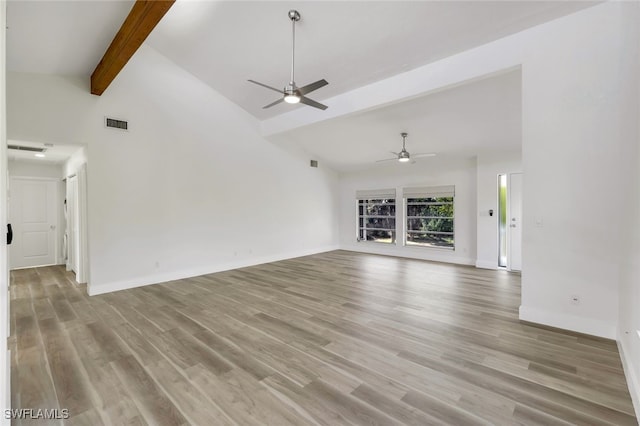 unfurnished living room featuring high vaulted ceiling, ceiling fan, light hardwood / wood-style flooring, and beamed ceiling