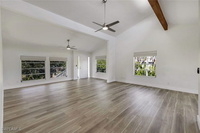 unfurnished living room featuring hardwood / wood-style flooring, beam ceiling, high vaulted ceiling, and ceiling fan