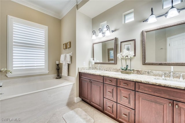 bathroom featuring vanity, a tub to relax in, crown molding, and tile patterned floors