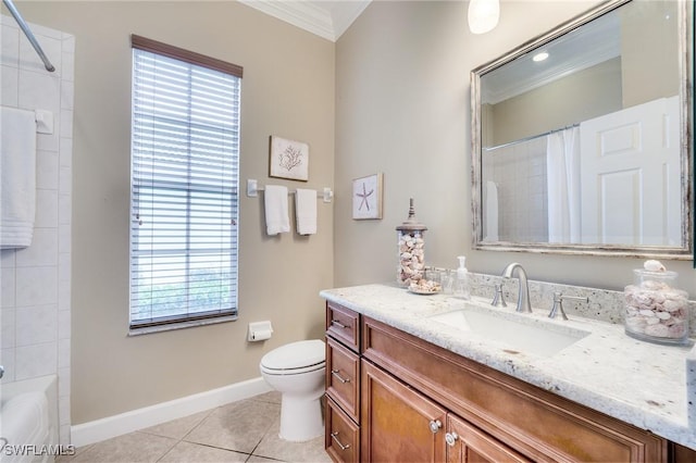 full bathroom with toilet, tub / shower combination, ornamental molding, vanity, and tile patterned flooring