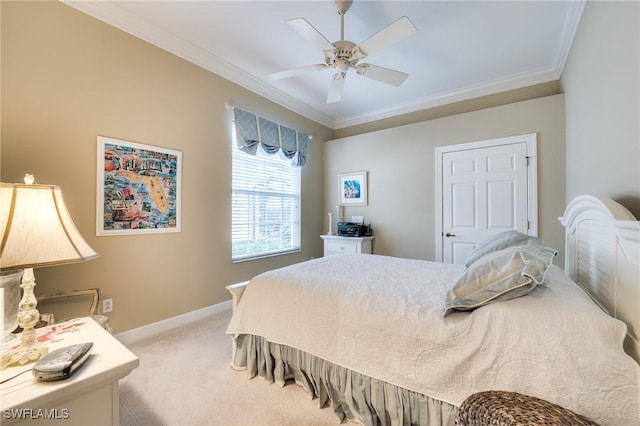 bedroom with crown molding, light colored carpet, and ceiling fan