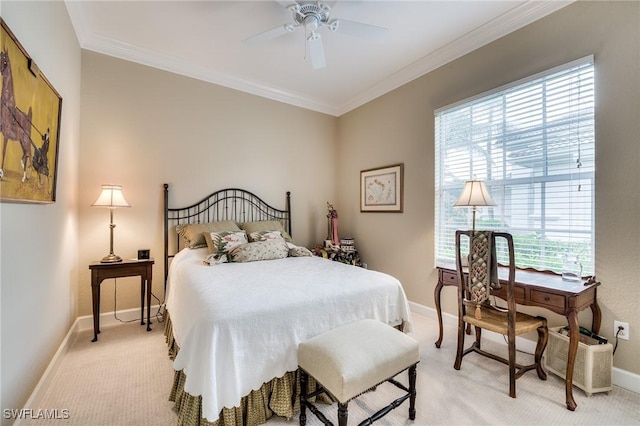 bedroom featuring multiple windows, crown molding, and light colored carpet