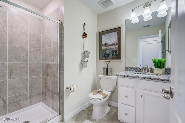 bathroom with vanity, toilet, tile patterned floors, and an enclosed shower