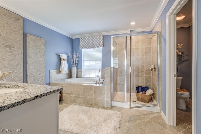 full bathroom with toilet, crown molding, tile patterned flooring, vanity, and separate shower and tub