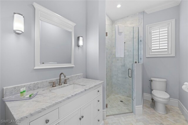 bathroom with walk in shower, vanity, toilet, and crown molding