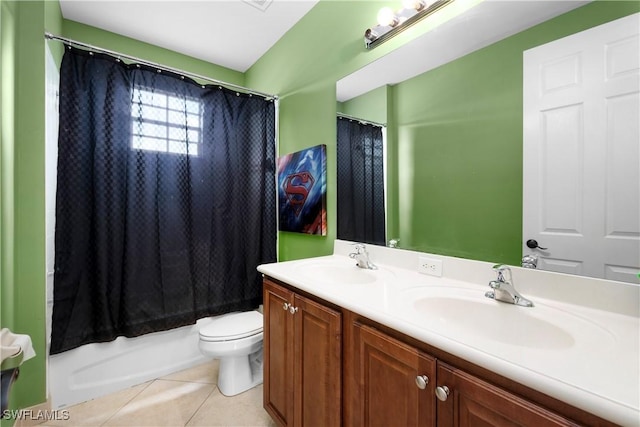 full bathroom with shower / bath combo with shower curtain, toilet, tile patterned floors, and vanity