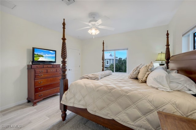 bedroom featuring light wood-type flooring and ceiling fan