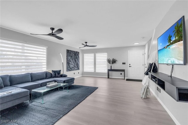 living room featuring ceiling fan and wood-type flooring