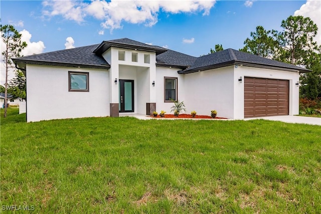 3005 28th St SW, Lehigh Acres, FL 33976 - prairie-style home with stucco siding, a garage, a front lawn, driveway, and a shingled roof