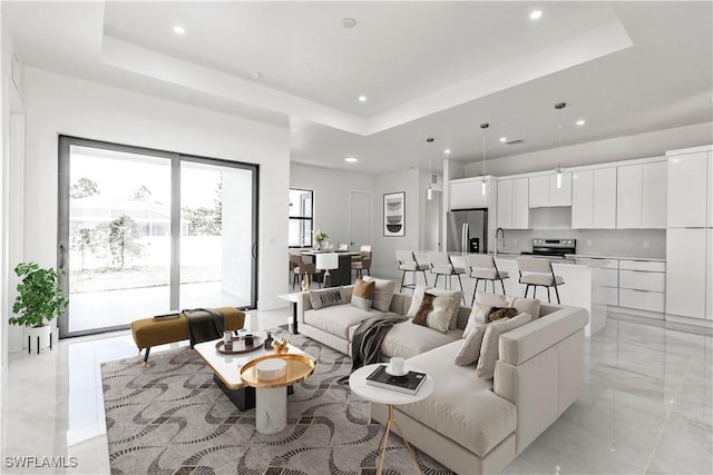 living room featuring a raised ceiling and sink