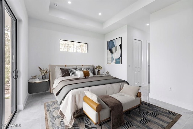 bedroom featuring a raised ceiling, access to exterior, and a closet