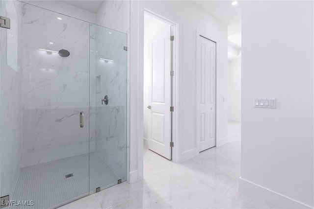 3005 28th St SW, Lehigh Acres, FL 33976 - full bathroom with a marble finish shower, baseboards, marble finish flooring, and recessed lighting