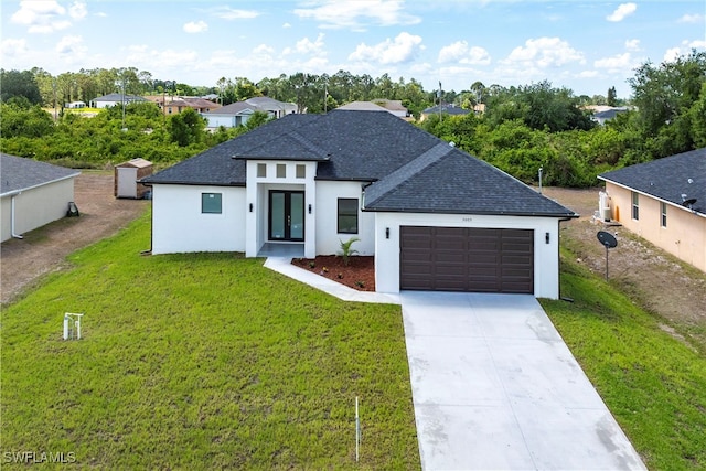 3005 28th St SW, Lehigh Acres, FL 33976 - view of front of house featuring french doors, roof with shingles, an attached garage, and stucco siding