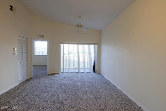 spare room featuring ceiling fan, baseboards, visible vents, and carpet
