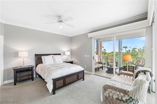 bedroom featuring crown molding, light colored carpet, and ceiling fan