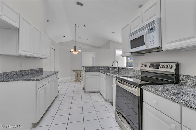 kitchen with white microwave, electric range, a sink, visible vents, and white cabinets