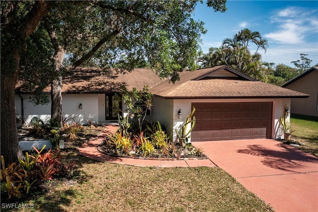 ranch-style house featuring a garage, concrete driveway, roof with shingles, and stucco siding