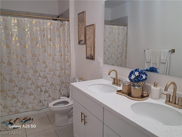 bathroom featuring tile patterned flooring, vanity, toilet, and a shower with shower curtain