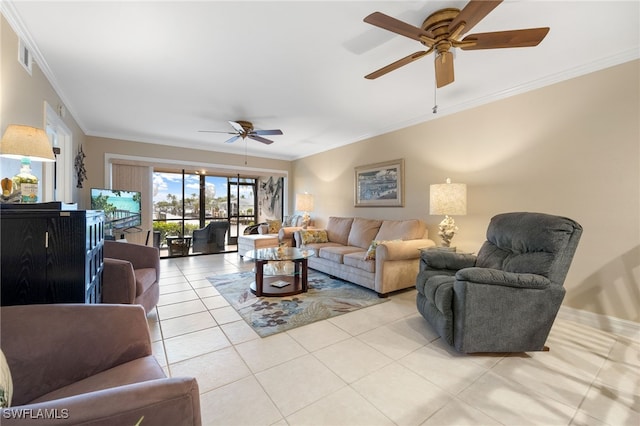 902 SW 48th Ter Unit 104, Cape Coral, FL 33914 - living area with a ceiling fan, crown molding, and light tile patterned floors