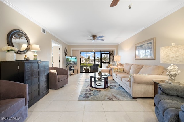 902 SW 48th Ter Unit 104, Cape Coral, FL 33914 - living area with a ceiling fan, crown molding, and light tile patterned floors