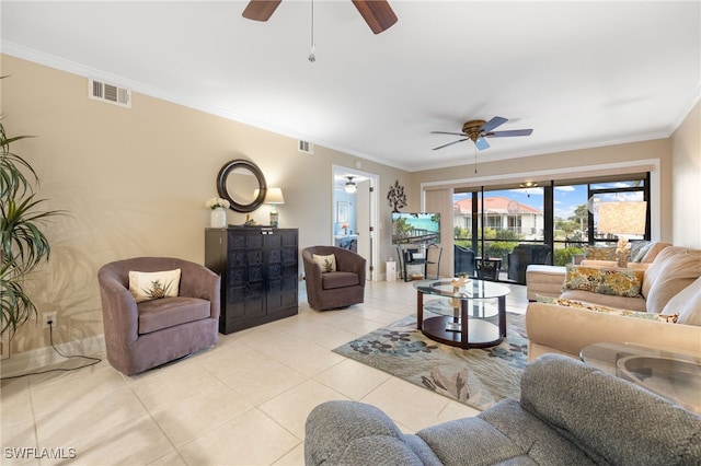 902 SW 48th Ter Unit 104, Cape Coral, FL 33914 - living room featuring a ceiling fan, ornamental molding, and light tile patterned floors
