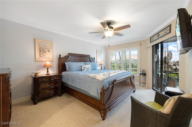 902 SW 48th Ter Unit 104, Cape Coral, FL 33914 - bedroom with light colored carpet, access to outside, baseboards, crown molding, and ceiling fan