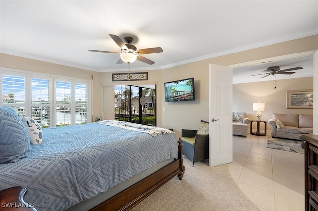 902 SW 48th Ter Unit 104, Cape Coral, FL 33914 - bedroom featuring access to outside, crown molding, light tile patterned floors, and ceiling fan