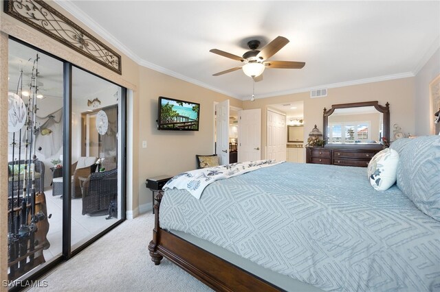 902 SW 48th Ter Unit 104, Cape Coral, FL 33914 - carpeted bedroom featuring access to exterior, ornamental molding, ceiling fan, baseboards, and ensuite bathroom